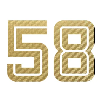 Polep vozidla Startovní číslo 58 typ 7 (59 - 3D karbon zlatý) SAMOLEPKA NA AUTO, NÁLEPKA, FÓLIE, POLEP, TUNING, VLASTNÍ TEXT, TISK, AUTOSAMOLEPKY.cz, POLEPY, OBRÁZEK, LOGO, 3D STICKERS