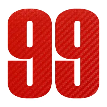 Samolepicí dekorace na vozidlo Startovní číslo 99 typ 2 (53 - 3D karbon červený) SAMOLEPKA NA AUTO, NÁLEPKA, FÓLIE, POLEP, TUNING, VLASTNÍ TEXT, TISK, AUTOSAMOLEPKY.cz, POLEPY, OBRÁZEK, LOGO, 3D STICKERS