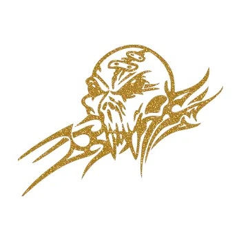 Samolepicí dekorace na vozidlo Tribal skull levá lebka (92 - Ultra Metalic zlatá) SAMOLEPKA NA AUTO, NÁLEPKA, FÓLIE, POLEP, TUNING, VLASTNÍ TEXT, TISK, AUTOSAMOLEPKY.cz, POLEPY, OBRÁZEK, LOGO, 3D STICKERS