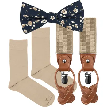 Kravata Bubibubi Béžová sada Indigo s motýlkem a kšandami velikost ponožek 39-42