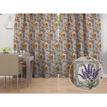 ubrus Dekorační závěs PML-099 Levandule s motýlky a srdíčky na béžovém 145x140 cm