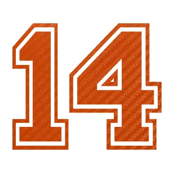 Polep vozidla Startovní číslo 14 typ 4 (54 - 3D karbon oranžový) SAMOLEPKA NA AUTO, NÁLEPKA, FÓLIE, POLEP, TUNING, VLASTNÍ TEXT, TISK, AUTOSAMOLEPKY.cz, POLEPY, OBRÁZEK, LOGO, 3D STICKERS