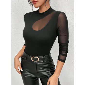 Dámská košile Dámský černý top s dlouhými rukávy a síťovanými prvky L