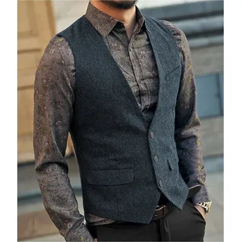 Pánská tweed vesta k obleku elegantní Barva: Nebeská, Velikost: M