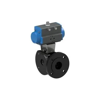 Vodovodní kohout série BAMA-...-CITV-S0 (8P0056), kulový kohout, 3-cestný, L-vrtání, pneupohon, jednočinný, redukovaný průtok DN1, příruba PN16, těleso ocel, koule nerez 1.4301, DN 65 [mm], DN1 50.2 [mm], pohon PAS1155, BAMA-065-CITV-S0