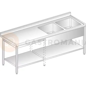Nerezový dřez Stůl přístěnný z nerezové oceli s 2 dřezy, poličkou, zadní lištou a okapovou lištou 1600x700x850 mm | DORA METAL, DM-S-3213