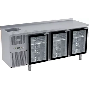 Chaldící stůl s agregátem, skleněnými dveřmi, dřezem zadní lištou a okapovou lištou 1825x600x850 mm | DORA METAL, DM-S-91006