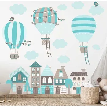 Samolepící dekorace Nálepky na zeď balóny a domky mentol | Plotbase s.r.o. 120x120cm