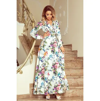 Oblečení a móda Dámské maxi šaty s volánkem, výstřihem a se vzorem barevných růží a světle modrých ptáčků model 7404387 S