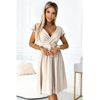 Dámské šaty 425-7 MATILDE Šaty s výstřihem a krátkými rukávy - béžové XL