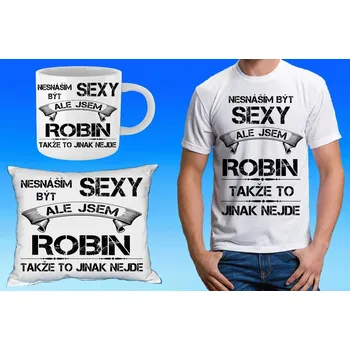 Pánské tričko ROBIN dárkový set se jménem 152 (tričko, polštářek a hrneček se jménem )