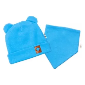 Baby Nellys Žebrovaná dvouvrstvá čepice s oušky + šátek TEDDY - modrá, vel. 80/86; 80/86 (12-18m)