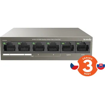 Switch Tenda TEF1106P-4-63W PoE AT switch 4x PoE 802.3af/at, 6x 100Mb/s, PoE celkem 63W, fanless, PoE+