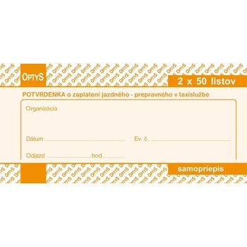 Tiskopis Potvrdenka o zaplatení v taxislužbe, samoprepis, číslovaný, 2 x 50 listov, Slovensko