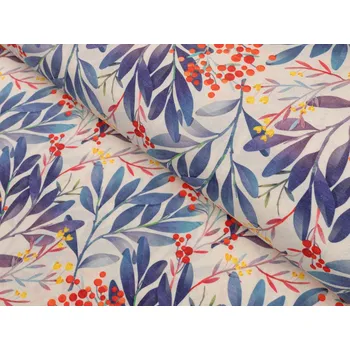 Dekorační látka PML-067 Modré listy na krémovém - šířka 150 cm