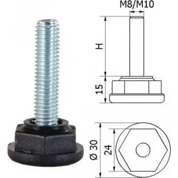 Nivelační přístroj ø-30mm, M8x15mm, H-15mm, bezkloubova plastová nivelační nožička, závitově-nastavitelná