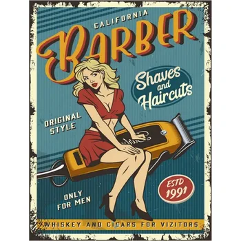 Plechová cedule Modrá nástěnná kovová cedule Barber – 25x1x33 cm