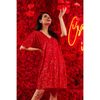 Dámské šaty Volné flitrové šaty v jedné Velikost s výstřihem do V A566 Barva: Červená, Velikost: ONE SIZE