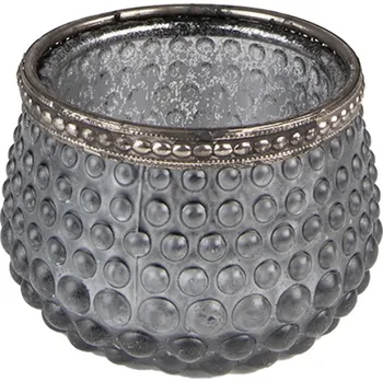 Svícen Šedý skleněný svícen na čajovou svíčku se zdobným okrajem – 8x6 cm