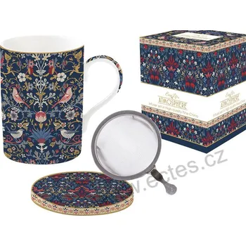 Easy Life FLORAL CHINTZ porcelánový čajový hrnek s víčkem a nerezovým sítkem drobné květy a ptáčci *ATMOSPHERE* 350ml