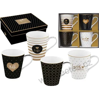 Easy Life GOOD MORNING černozlaté a bílozlaté porcelánové hrnky s puntíky a čárkami *COFFEE MANIA* 300ml 4 ks