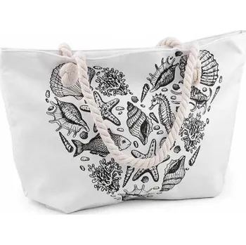 Letní / plážová taška bílá s mořským potiskem srdce a mušlí, 37x55cm, se zipem