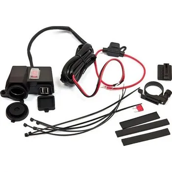 Elektrická zásuvka Dvojitá moto zásuvka 2x USB a Euro zásuvka s objímkou na řidítka a vypínačem (2xUSB, 12V Euro zdířka + vypínač)