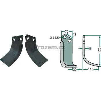 Pracovní nůž Frézovací klenutý nůž pravý pro Kverneland, Maletti, Pöttinger / Landsberg, 45/14,5/170 mm