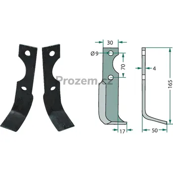 Pracovní nůž Frézovací zahnutý nůž levý pro Agria, NH16548, 70/9/165 mm