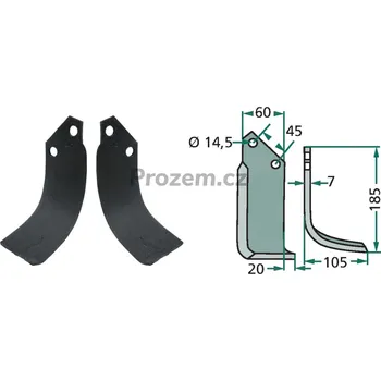 Pracovní nůž Frézovací klenutý nůž pravý pro Kverneland, Maletti, 1300077, 45/14,5/185 mm