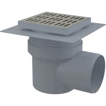 Kanalizační potrubí Podlahová vpust Alcadrain (Alcaplast) 150 x 150/110 mm boční, mřížka nerez, límec 2. úrovně izolace, vodní zápachová uzávěra APV12