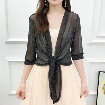 Dámský svetr Dámské elegantní bolerko/kardigan na zavazování s polovičním rukávem Barva: Černá, Velikost: XL (60–70 kg)