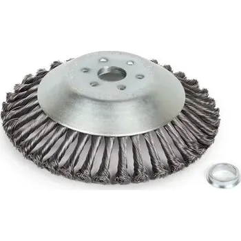 Univerzální drátěný kuželový kartáč na plevel 200x25,4/20mm (KP-SRKO230001) (Standardně se dodává s adaptérem pro otvor Ø 20 mm. Copánkový čistící (drátěný) kotouč ke křovinořezu - kuželový ocelový kartáč na odstraňování plevele ze zámkové dlažby)