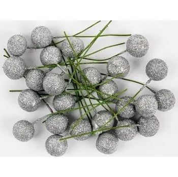 Vánoční dekorace Cesmína ovoce 12 cm stříbrné glitter