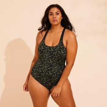 Dámské plavky DECATHLON Dámské plavky jednodílné na aqua fitness a aqua biking Sofi Lica khaki 38 ZELENÁ|ČERNÁ