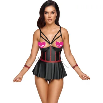 Dámská erotická souprava Cottelli Bondage Longline Bra & Crotchless Thong Matte Look Set 2221330 Black Velikost 80B/M