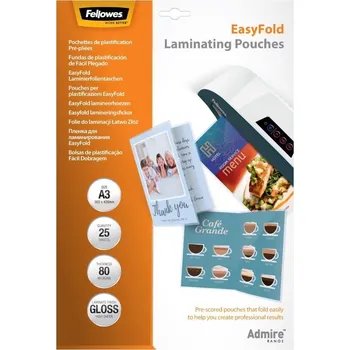Laminovací fólie Fellowes laminovací fólie/ formát A3/ 80 mic/ s rýhou uprostřed pro snadné složení/ lesklé/ 25 pack LAMPOFELA3080EFOLD