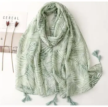 Šála Bavlněný šátek/šála se zelenými listy 90x180 cm, WHITE ORCHID