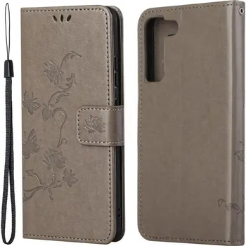 Pouzdro na mobilní telefon Flower PU kožené peněženkové pouzdro na mobil Samsung Galaxy S22 5G - šedé