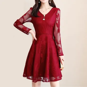 Dámské šaty Čína Elegantní společenské šaty s dlouhým rukávem, s dvojvrstvým efektem a vyšívanými květy Barva: vínová (Long Sleeve-Claret-A), Velikost: XXL