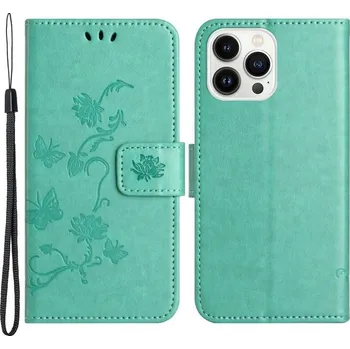 Pouzdro na mobilní telefon Flower PU kožené peněženkové pouzdro na mobil iPhone 14 Pro 6.1 - azurové