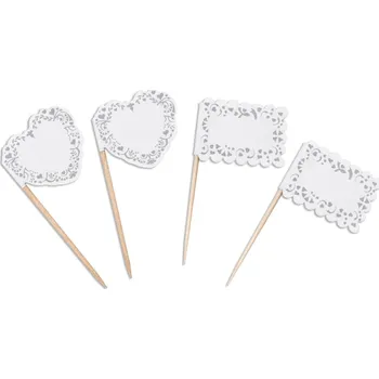 Svatební dekorace Dřevěná napichovátka - Vlaječky Vintage krajka - 20 ks