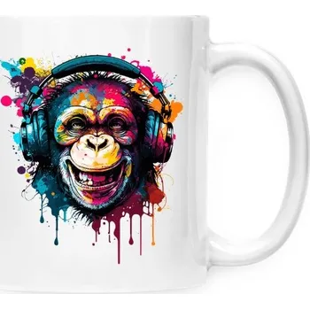 Hrnek malý bílý s potiskem Barevná opice se sluchátky 3 hrnek