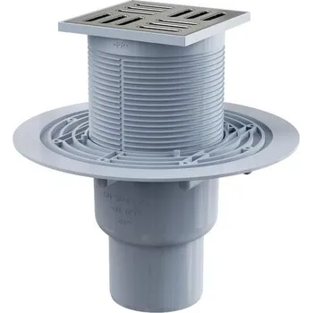Odvodňovací žlab Alcadrain - Podlahová vpusť 105×105/50/75 mm přímá, mřížka nerez, vodní zápachová uzávěra APV201