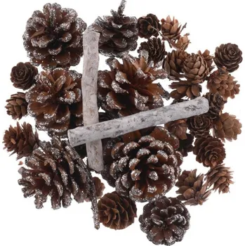 Dekorativní sada 28ks šišky a dřívka, glitr.stříbrná