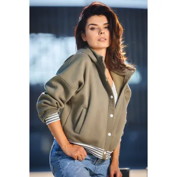 Dámská mikina Krátká bomber mikina s pruhovanými manžetami A611 Barva: Khaki, Velikost: L/XL