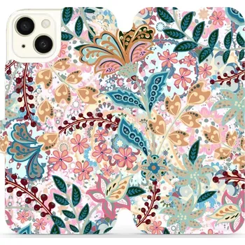 Pouzdro na mobilní telefon Flipové pouzdro Mobiwear - Apple iPhone 15 Plus - MX04S Spletité kvítky a listy (Knížkové flip pouzdro, obal, kryt na mobil Apple iPhone 15 Plus - MX04S Spletité kvítky a listy, materiál Umělá kůže + TPU - ochrana 360°, stojánek, silikonová vanička,)