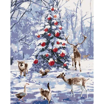 Hračka Diamondi Diamantové malování - ZVÍŘATA U VÁNOČNÍHO STROMEČKU Rozměr: 40x50 cm, Rámování: bez rámu a bez vypnutí plátna