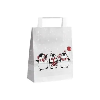 Vánoční papírová taška bílá s tučňáky 180x80x220 mm s plochým uchem