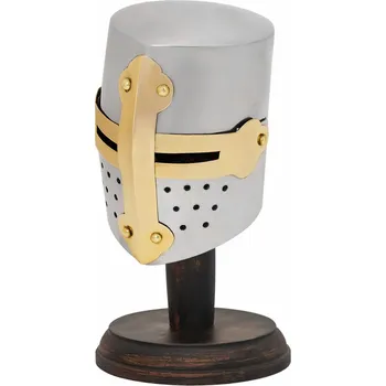 House of Warfare Miniatura přilby Křížák hrncová helma s dřevěným stojanem